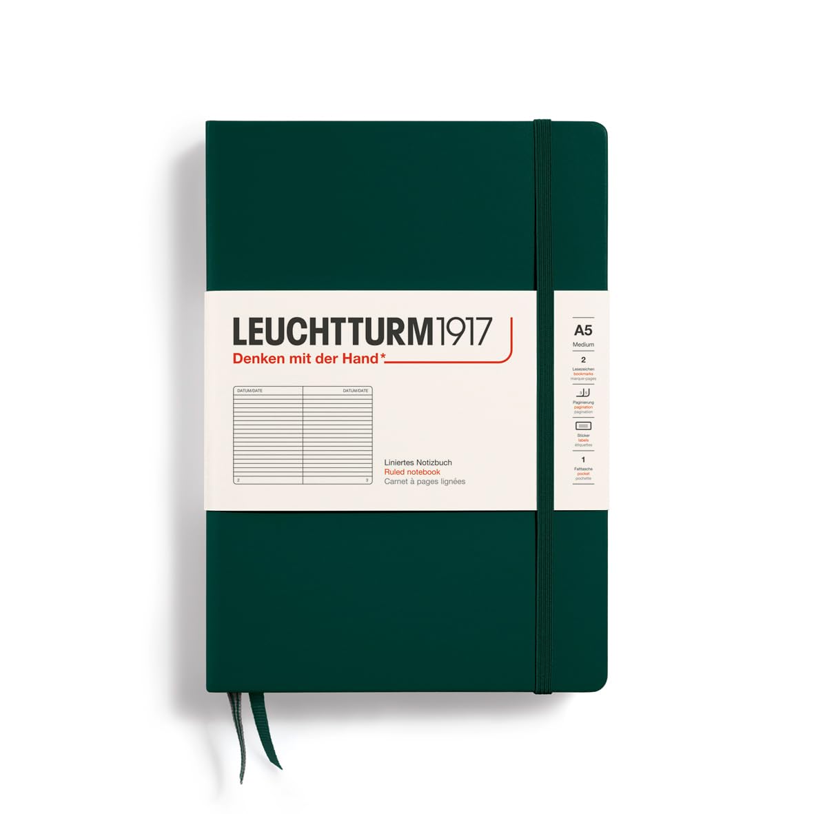 LEUCHTTURM1917 367256 Notebook Medium (A5), Hardcover, 251 Numbered Pages, Forest Green, Ruled