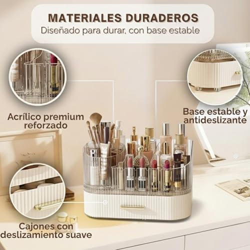 BEMANZ Makeup Organizer with Stackable Drawers and Rotating Module, Transparent with Cream Drawer for Cosmetics, Brushes and Perfumes for Vanity and Desk Makeup Organizer