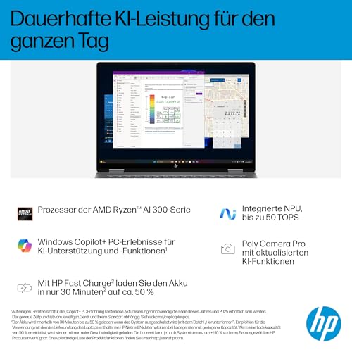 HP OmniBook X Flip 2in1 Next Gen AI Laptop | AMD Ryzen AI 7 350 (8C) | dedizierte NPU für KI | 50 NPU Tops | Copilot+ PC | 14" WUXGA 1920x1200 Touchscreen | 16GB | 512GB SSD | Win11 | QWERTZ | Silber 10