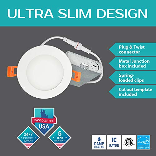 LUXTER (12 Pack) 4 inch Ultra-Thin Round LED Recessed Panel Light with Junction Box, Dimmable, IC Rated, 12W (60 Watt Repl.) 4000K Bright Light 900 Lm. No Can Needed ETL & Energy Star Listed