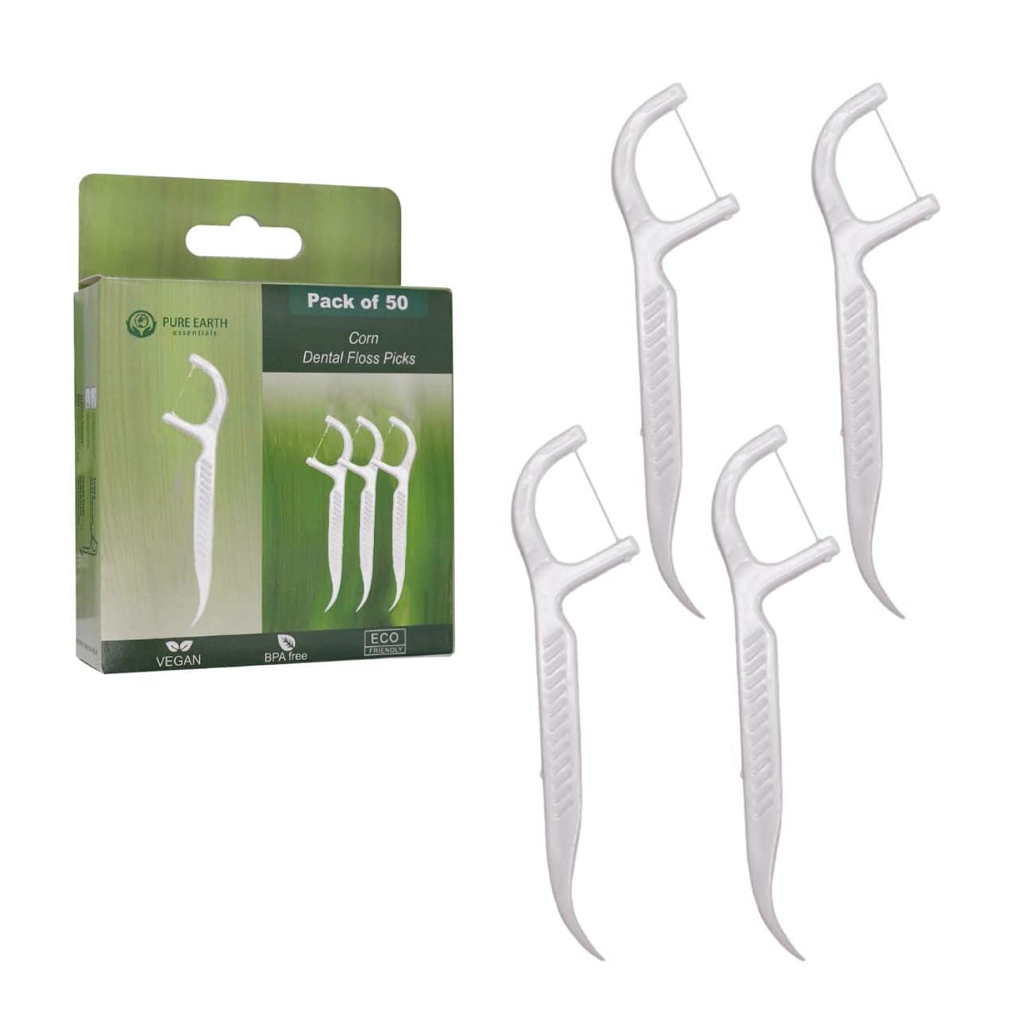 Biodegradable Floss Sticks Dental Picks - Corn Starch Eco Floss Harps for Teeth, Healthy Gums, and Fresh Breath - (50 Count) by Pure Earth Essentials