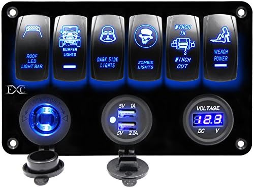 FXC 6 Gang Rocker Switch Panel with Digital Voltmeter+12V power Socket +Double USB Power Charger Adapter Waterproof Blue LED Backlight for Car Trailer Marine Boat¡­