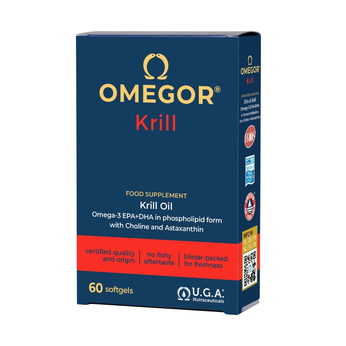OMEGOR Krill Oil Capsules Omega 3 - Antartic Krill Oil with EPA, DHA, Astaxanthin, Choline, Phospholipids - High Bioavailability and No Aftertaste (60 Softgel Caps)