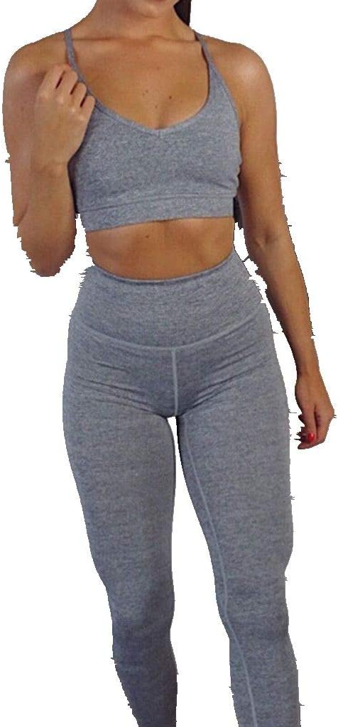 2Piece Women Gym Yoga Set,Halter Sports Crop Tank Top Tube Bra and High Waist Leggings Workout Suit Set