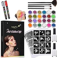 Glitter Tattoo Set, Luckyfine New Glitter Tattoo Kit (24 Large Glitter Colors, 112 Cool Tattoo Stencils, 2 Glittered Glue, 4 Brushes, 2 Maker Pens) Body Glitter for Kids, Teenagers or Adults