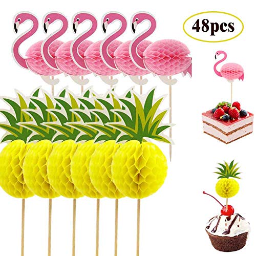 48x Snailmon Flamingo Cupcake Toppers pcks Pineapple Cupcake Toppers, 3D Cocktail Picks Cake Decoration for Luau Hawaii Tropical Birthday Wedding Beach Party