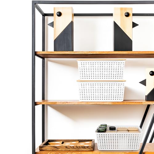 3 Pieces Plastic Storage Baskets with Bamboo Lid Organizer Baskets | Stackable Plastic Organizer Boxes with White Handles for Desk, Office, Cosmetic, Bathroom, Toys