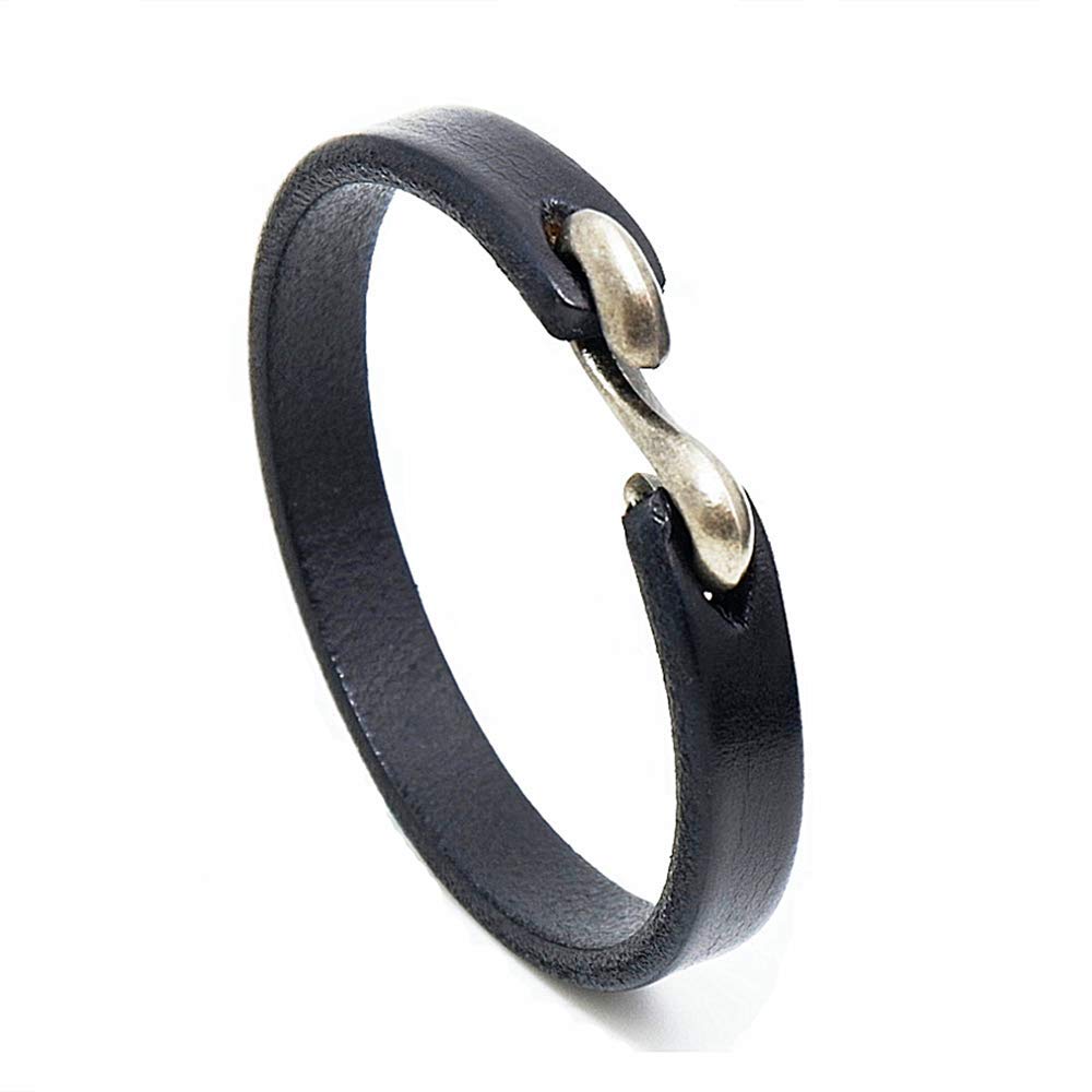 Handmade Unisex Genuine Leather Bracelet, Adjustable Cuff Wristband,Punk Leather Wrap (S-Hook Black)