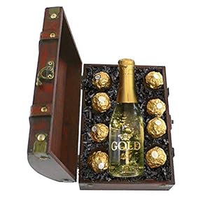 Bull & Bear Geschenk Mini-Truhe Gold-Schätzchen, Truhe mit 0,2l Sekt mit echtem Blattgold 22 Karat und 8 Rocher Pralinen