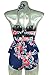 COCOSHIP Red Pink & Navy Blue Antigua Floral Peplum Women's Retro Push Up High Waist Bikini Set Chic Swimsuit Swimwear L(FBA)