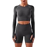 IWEMEK Women Seamless Yoga Outfits 2 Piece Workout Short Sleeve Crop Top with High Waisted Running Shorts Sets Activewear
