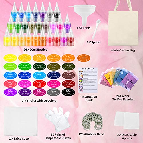 AIRCOVER Tie Dye DIY Kit for Kids, Adults and Groups. 26 Colors All-in-1 Tie Dye Set, One-Step Shirt Fabric Dye Kit with Rubber Bands Gloves Table Cover Wooden Clips for Christmas Party Supplies