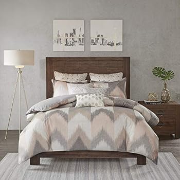 Full/Queen Size 100% Cotton Comforter Mini Set - Blush Taupe White- Broken Chevron Pattern - 3 Piece - Includes 1 comforter, 2 Shams
