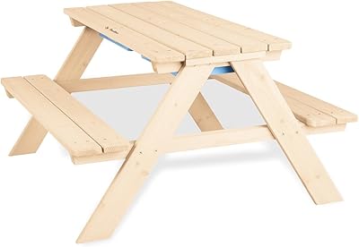 PINOLINO Matsch-Nicki Kindersitzgruppe 4er mit 2 Wannen -Matschküche & Wasserspieltisch für den Garten - Matschtisch aus Naturholz, Kindergartenmöbel ab 2 Jahren, Outdoor-Tisch 88 x 89 x 51 cm