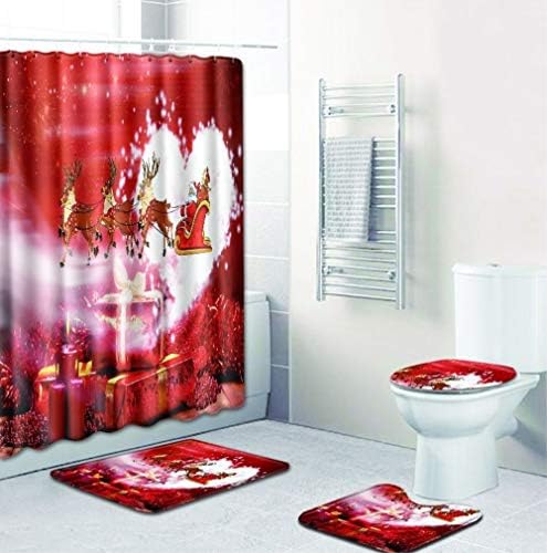 VISUNION Christmas Decorating Classic Red Atmosphere Santa Claus Take Cloud to Drive Elk Giving Christmas Bathroom Four Sets Shower Curtain Bath Mat Toilet Seat Cover and Toilet Seat Mat (Large)
