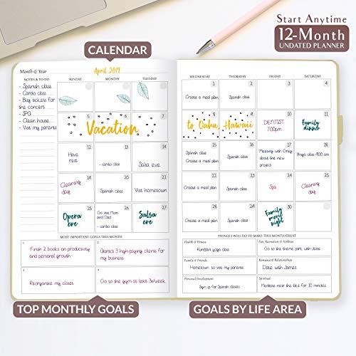 Legend Planner - Deluxe Weekly & Monthly Life Planner to Hit Your Goals & Live Happier. Organizer Notebook & Productivity Journal. A5 Hardcover, Undated - Start Any Time + Stickers - Seashell Gold