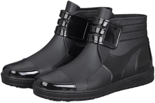 Amazon 南風原の星 メンズ レイン ショート ブーツ 防水 軽量 ショート シューズ シンプル カジュアル 長靴 ビジネス レインブーツ ベルクロ 筒 作業 靴 ファッション ノンスリップ ウォーター シューズ 完全防水 Pvc ブラック レインシューズ