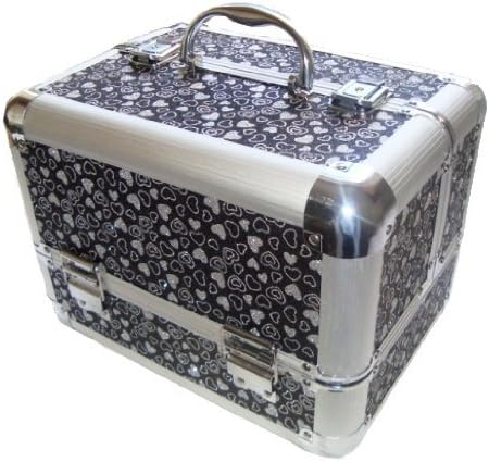 Sparkly Hearts Glitter Aluminium Beauty Make up Vanity Case Box Nail hair Box (BLACK HEARTS)