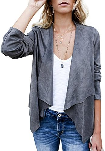 Verypoppa Women's Suede Waterfall Drape Lapel Long Sleeve Cardigan Jacket Coat