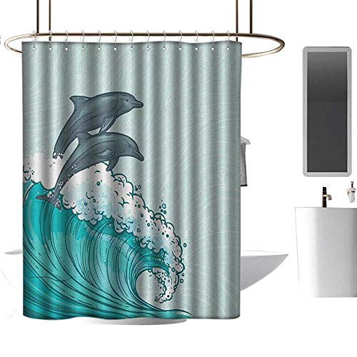 Qenuan Waterproof Shower Curtain Sea Animals,Waves Flowing Water Sketch Sea Ocean and Two Dolphins Summertime, Charcoal Grey Mint Teal,Design Waterproof Fabric Bathroom Shower Curtain 70"x70"