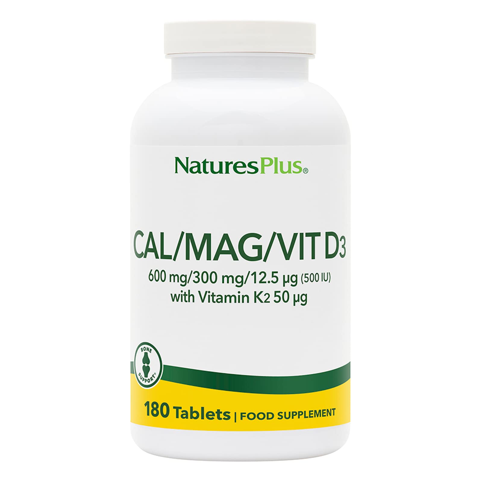 NaturesPlus Cal/Mag/VIT D3 with K2 - Bone Health Supplement with Calcium, Magnesium, Vitamin D3, K2 - Vegetarian, Gluten Free - 180 Tablets