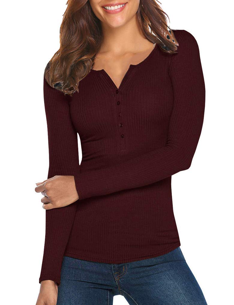 Tobrief Womens V Neck Henley Sweaters Ribbed Long