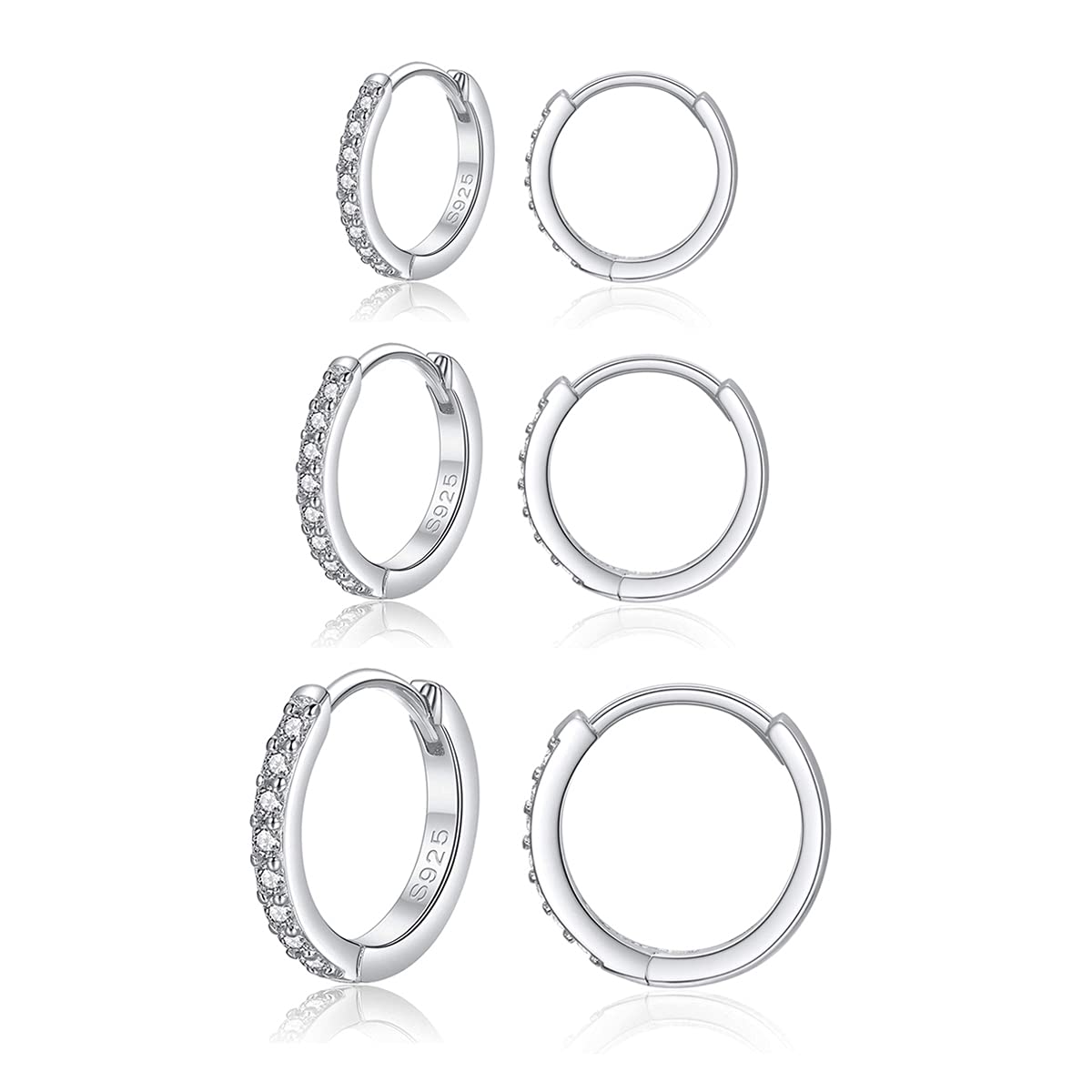 Deyanse Silver Hoops Earrings for Women, 925 Sterling Silver Hoop Earrings Set with Cubic Zirconia, Small Sleeper Huggie Hinged Hoop Earring, Silver Unisex Hoops Earring Set in 10, 12, 14mm