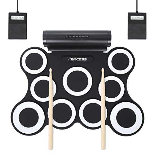 PAXCESS Electronic Drum Set - Roll Up Practice Pad With Headphone Jack & Speakers