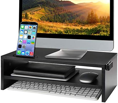 Monitor Stand Riser Desk Organizer, Computer Stand for Desktop Monitor with Shelf/Phone Holder and Cable Management, Sturdy Wood Stand with Keyboard Storage for Home/Office, Easy Assembly