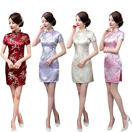 Meijunter Women Retro Floral Printed Cheongsam Brocade Qipao Evening Dress