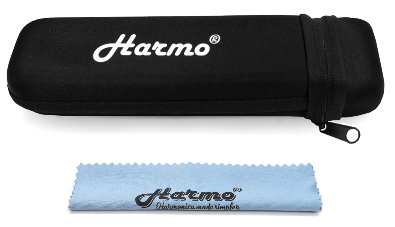 Harmo Harmonica Case for 16 Hole Chromatic Harmonica, Single Harmonica Protective Zippered Carrying Case, Storage Case with Cleaning Cloth - Fits Hohner, Suzuki, Seydel - Designed in USA