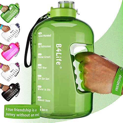 B4Life 1 Gallon Water Bottle with Time Marker, Motivational Wristband, Fitness Workout, Drink More Water Daily, Extra Large BPA-Free Water Bottle Leakproof with Flip Top-Friendship