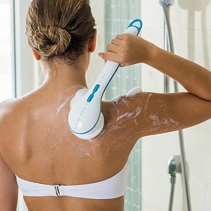 ANGEL ENTERPRISE2212 Long-handle Waterproof 5 in 1 Electric Bath Spin Spa Massage Shower Facial and Body Cleaning Brush (White)