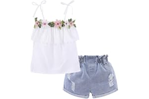 Mud Kingdom Girls Outfits Cute Floral Shirt and Shorts Ripped Denim