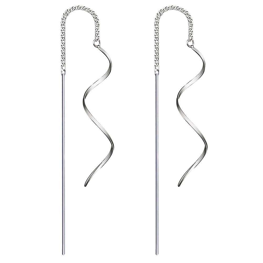 Yaneno Classic Fashion Design 925 Sterling Silver Fresh Style Needle Bar Drop Threader Pull Through Tassel Dangle Curve Twist Earrings for Women's Gift (White)