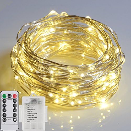 LED String Lights Fairy Light Battery Powered with Remote Control,silver wire 33 Ft 100 LED Indoor and Outdoor Decoration for Christmas Halloween Bedroom Wedding Party Patio Lawn(warm white)
