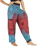 NaLuck Women's Boho Hippie Sunflower Smocked Waist Yoga Harem Pants PJ05-Crimson