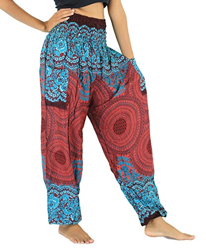 NaLuck Women's Boho Hippie Sunflower Smocked Waist Yoga Harem Pants PJ05-Crimson