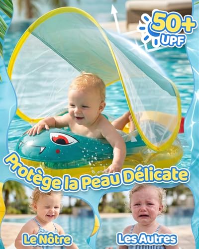 Baby Swim Ring with Sun Shield, Anti-Roll Baby Swimming Pool, Baby Parasol Buoy with Balance Ball, Inflatable Baby Swim Ring 10-24 Months 8-16 kg, Baby Swim Ring Inflatable Swimming Pool
