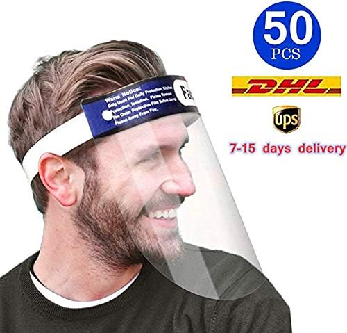 50Pcs Safety Face Shield, Anti-fog Body Fluids Spray Unisex Reusable Adjustable Transparent Full Face Safety Breathable Protective Visor Facial Cover Anti-Spitting Splash with Elastic Band and Sponge