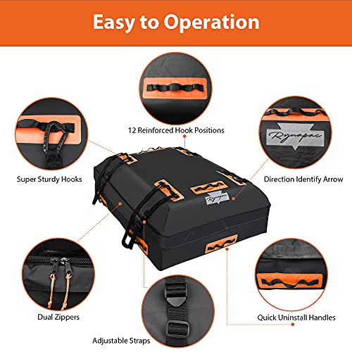Rynapac Waterproof Car Roof Bag, 15 Cubic Feet Soft Shell Car Rooftop Cargo Bag, Car Luggage Carrier Roof Rack Bag with 6 Reinforced Adjustable Straps and Storage Bag for Cars with Racks(Black-Orange)