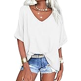 Langwyqu Women's Oversized T Shirts V Neck Short Sleeve Summer Casual Loose Tops Tees