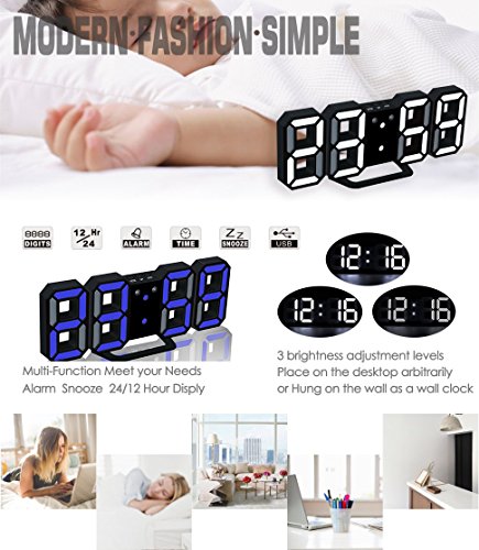 LED Digital Alarm Clock For Desk / Shelf / Tabletop, Modern Home Decoration 3D Wall Clock, Easy To Read at Night, Loud Alarm and Snooze, Big Digit Display (Black Frame, Blue Light) - Thumbnail 5