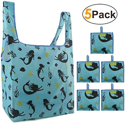 Mermaid Reusable Grocery Bags Bulk 5 Pack Cute Animal Reusable Shopping Bags Large Capacity Can Hold 50Lbs Waterproof Foldable Bags with Attached Pouch Reusable Bags for Shopping, Groceries