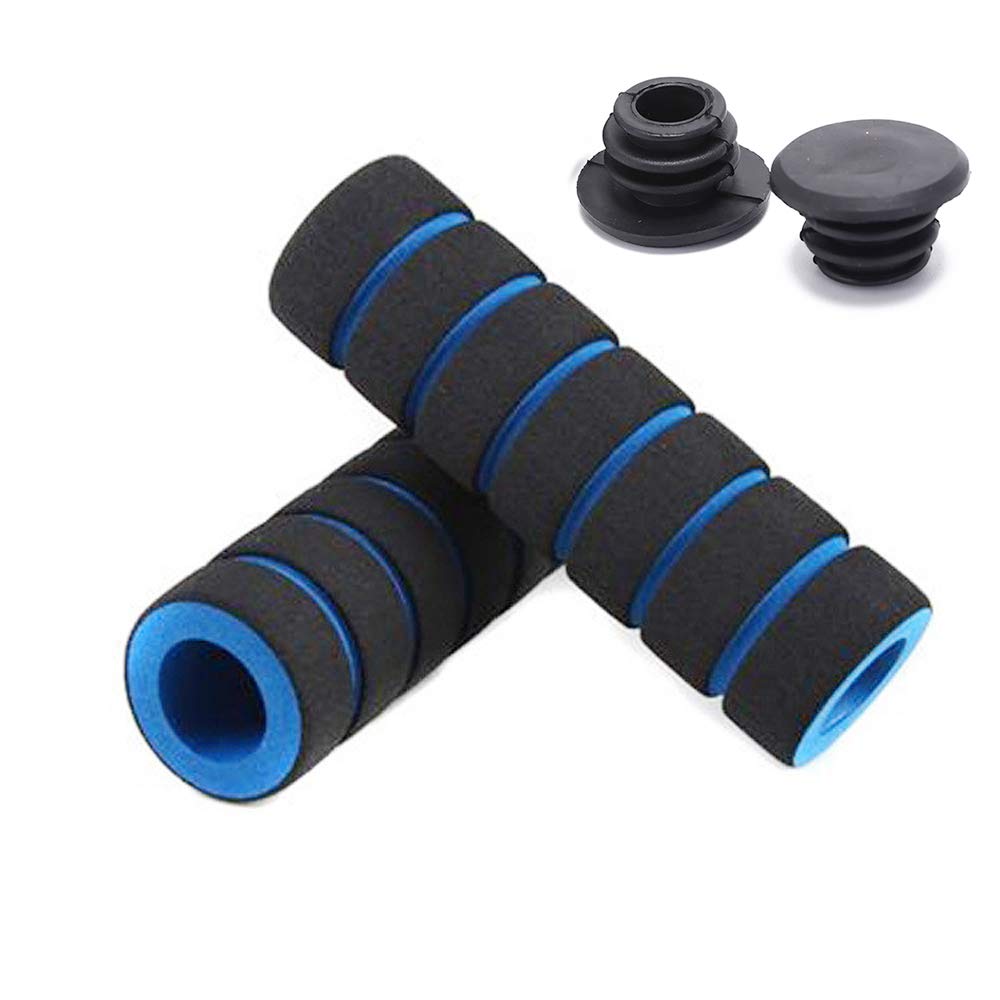 IKAAR 1 Pair Universal Bike Handlebar Grips 20mm Foam Sponge Grip Cover Non-slip Soft Handlebar Bike Bar with Handlebar End Caps for Cycle Mountain BMX MTB Floding Blue