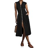 Wenrine Womens Summer Smocked Midi Dress Casual Zipper V Neck Cap Sleeve High Slit Flowy Long Dresses