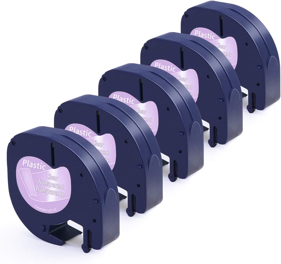 Airmall Compatible Label Tape Replacement for Dymo LetraTag Plastic Tape 12267 S0883980 Black on Clear 12mm x 4m for LT100H LT100T LT110T QX50 XR Label Makers, 5-Roll