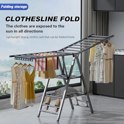 Movable Drying Rack, 3 Tier Large Laundry Clothes Drying, منشر غسيل قابل للطي,Clothes Drying Rack Foldable with 4 Castors & Shoe Holder, Height-Adjustable Wings, for Indoor Outdoor - 170cm