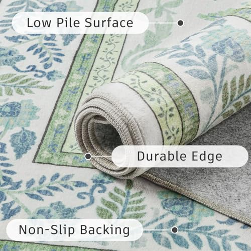 DCX Green 8x10 Rug, Kid & Pet Friendly with Rubber Back Non Slip, Machine Washable Stain Resistant Botanical Floral Rug for Living Room, Bedroom, Soft Low Pile Large Nursery Carpet