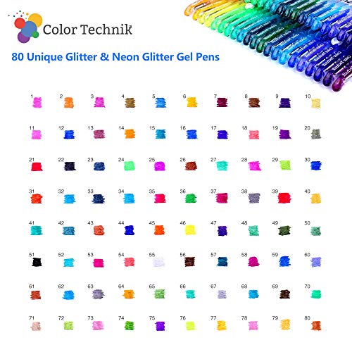 Color Technik Glitter Gel Pens, Set of 80 Glitter and Neon Glitter Pens